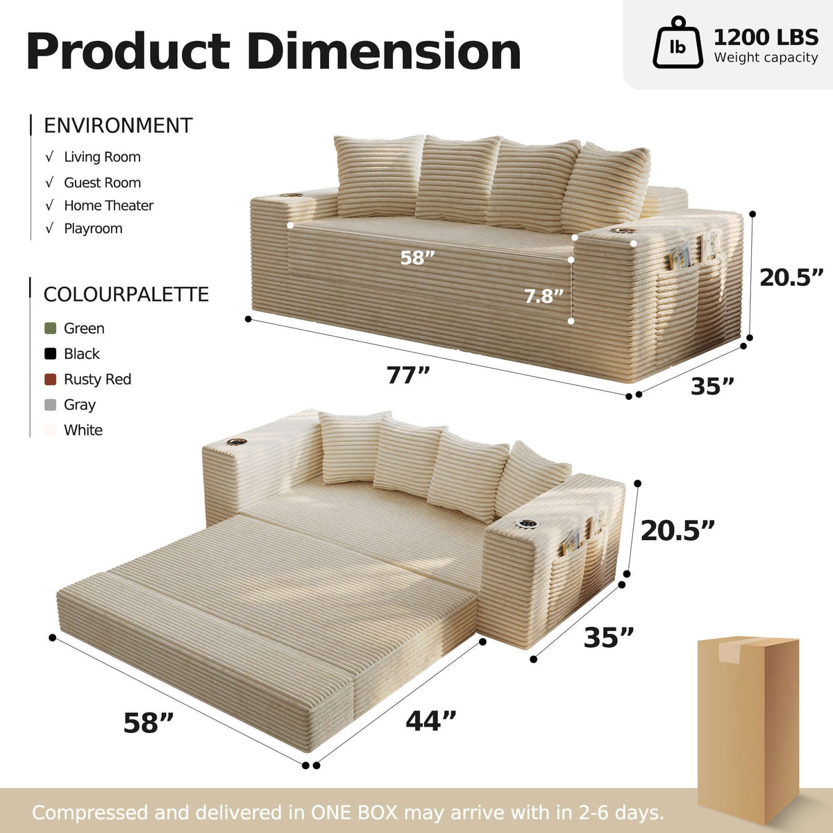 Compressed sofa white colorConvertible Sofa Bed-Modern Foldable Sofa For Small Spaces in cozy living room setting, featuring modular design and 50D high-density sponge.