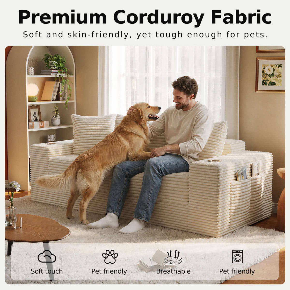 best sofa for dog and pets. Convertible Sofa Bed-Modern Foldable Sofa For Small Spaces in cozy living room setting, featuring modular design and 50D high-density sponge.