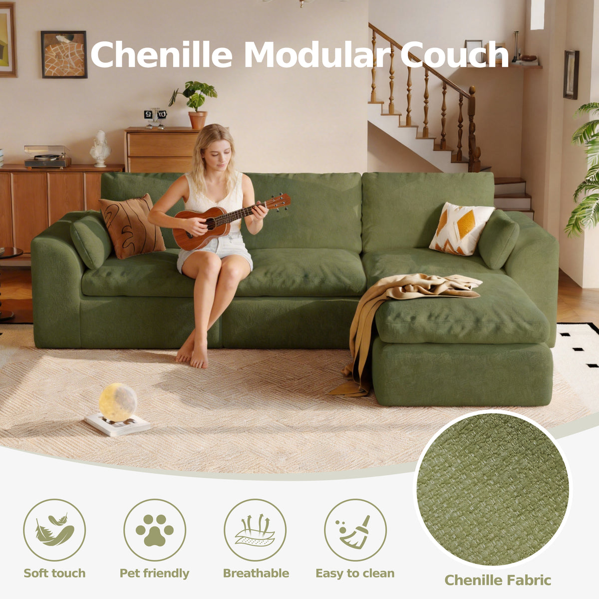 An olive green Chenille modular couch in a living room setting, with a woman sitting on the couch playing a ukulele. The image includes text overlays reading &