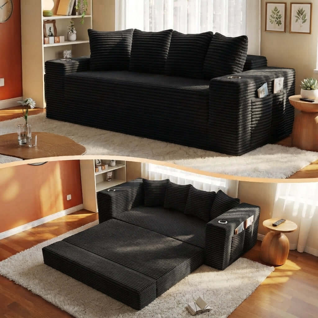 Convertible Sofa Bed-Modern Foldable Sofa For Small Spaces in cozy living room setting, featuring modular design and 50D high-density sponge. A black ribbed upholstered sofa shown in a living room setting, with a split view of the sofa upright and folded into a chaise lounge. The room has warm wood floors, a white shag rug, and natural light from a window.