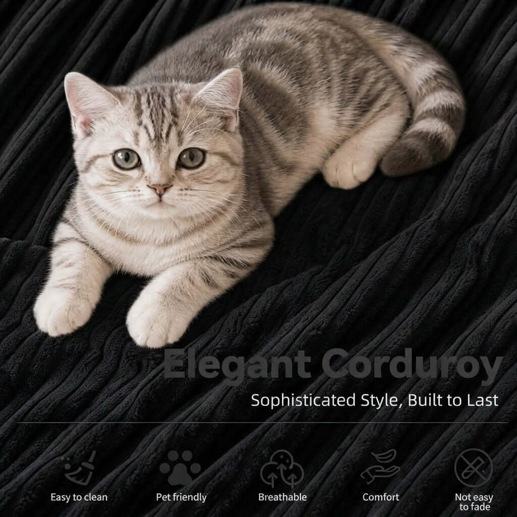 Convertible Sofa Bed-Modern Foldable Sofa For Small Spaces in cozy living room setting, featuring modular design and 50D high-density sponge. A silver tabby cat lies on a black corduroy blanket, with overlaid text reading &