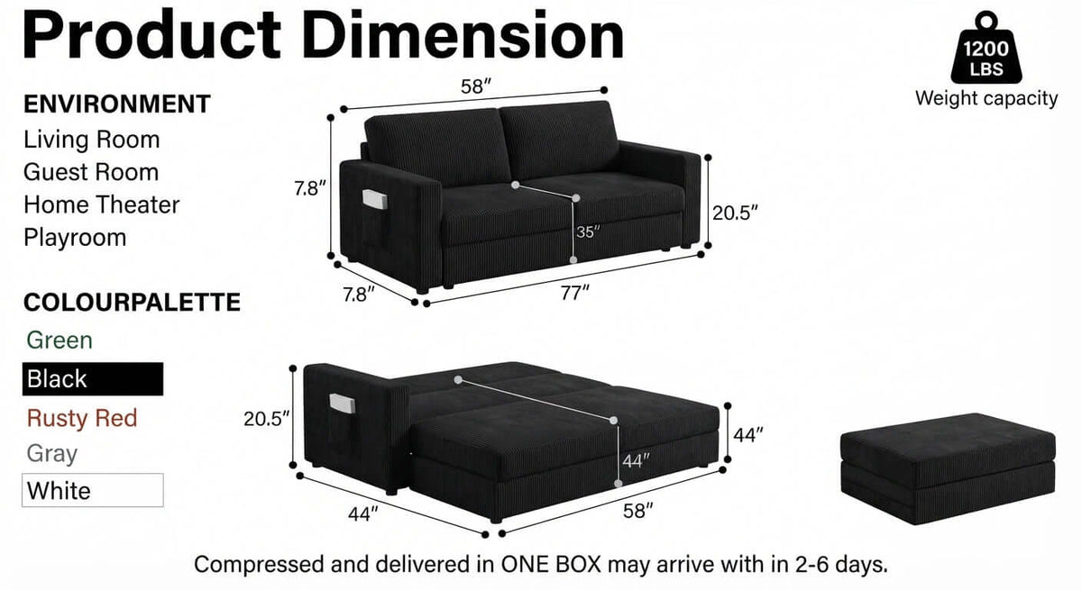 Convertible Sofa Bed-Modern Foldable Sofa For Small Spaces in cozy living room setting, featuring modular design and 50D high-density sponge. Product dimension diagram for a black upholstered sofa, showing front and angled views with measurements, plus a small color palette selection and weight capacity information on a white background.