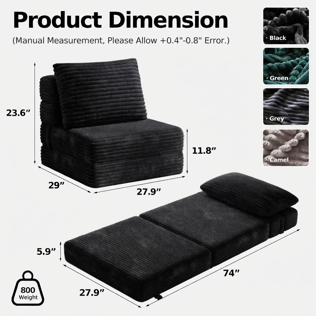 Plush Foldable Sofa Bed | Single-Seat Corduroy Convertible Chair