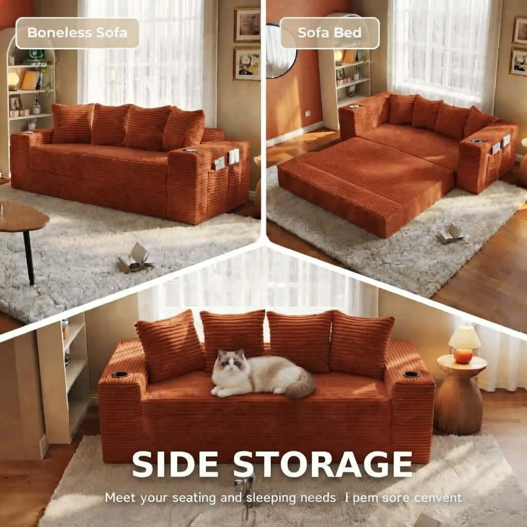 Convertible Sofa Bed-Modern Foldable Sofa For Small Spaces in cozy living room setting, featuring modular design and 50D high-density sponge. A three-panel collage showing an orange corduroy sofa bed/sofa in a living room, labeled &