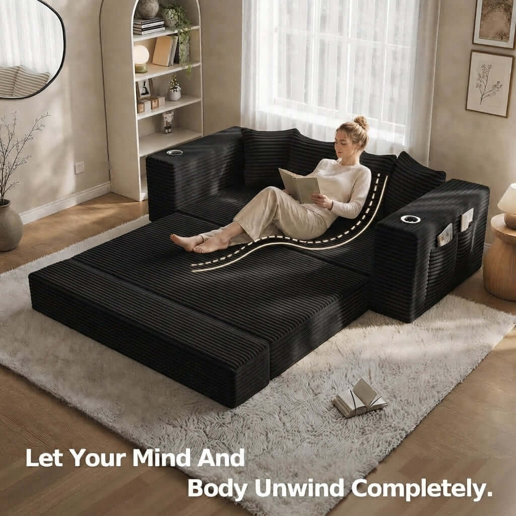 Convertible Sofa Bed-Modern Foldable Sofa For Small Spaces in cozy living room setting, featuring modular design and 50D high-density sponge. A woman relaxes on a black ribbed sectional sofa in a bright living room. The sofa is shown folded into a bed-like lounge surface, with a white shag rug underneath and text at the bottom reading, &