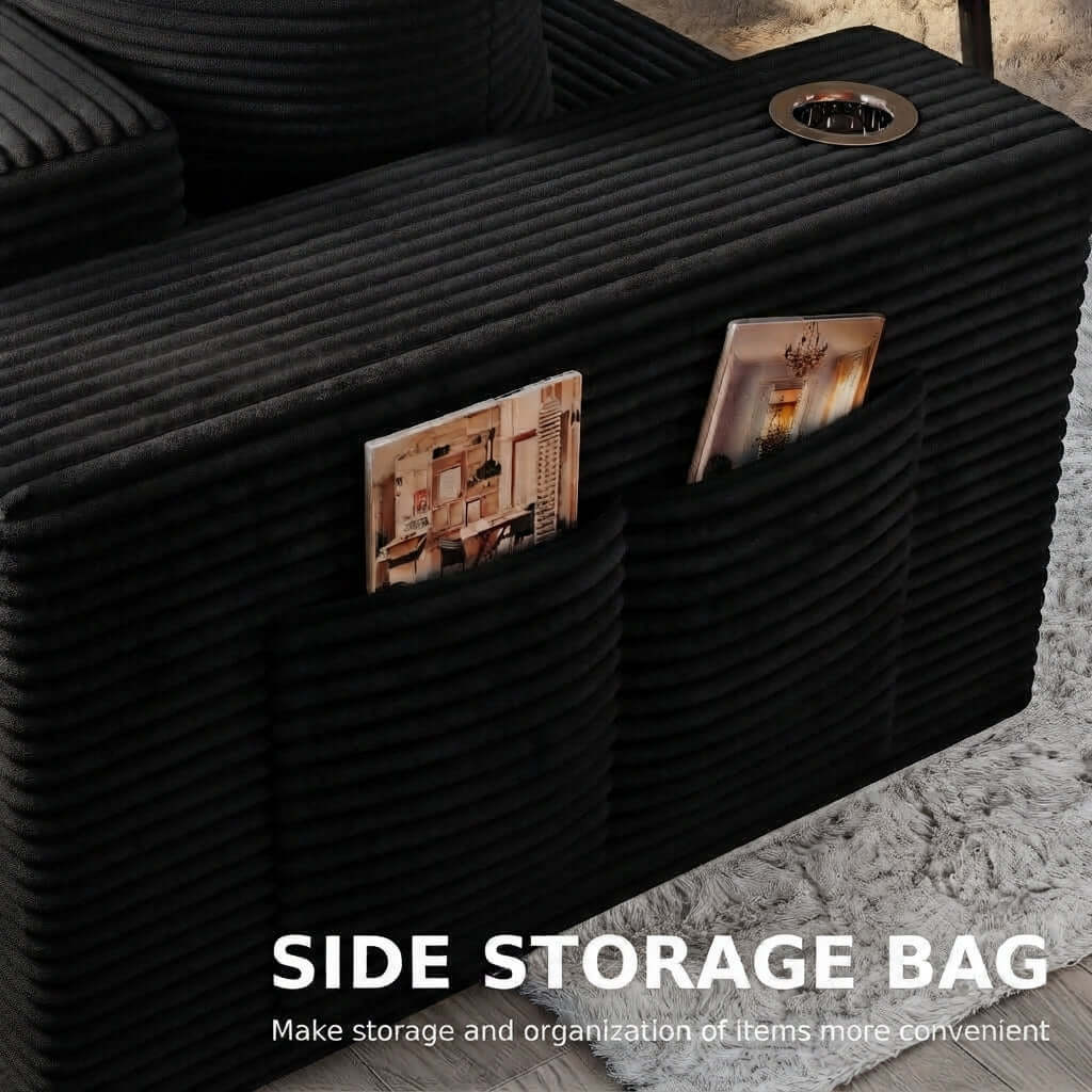 Convertible Sofa Bed-Modern Foldable Sofa For Small Spaces in cozy living room setting, featuring modular design and 50D high-density sponge. Black ribbed corduroy side storage bag attached to a sofa, shown with two front pockets holding magazines and a round cup holder on the top corner. White text at the bottom reads &