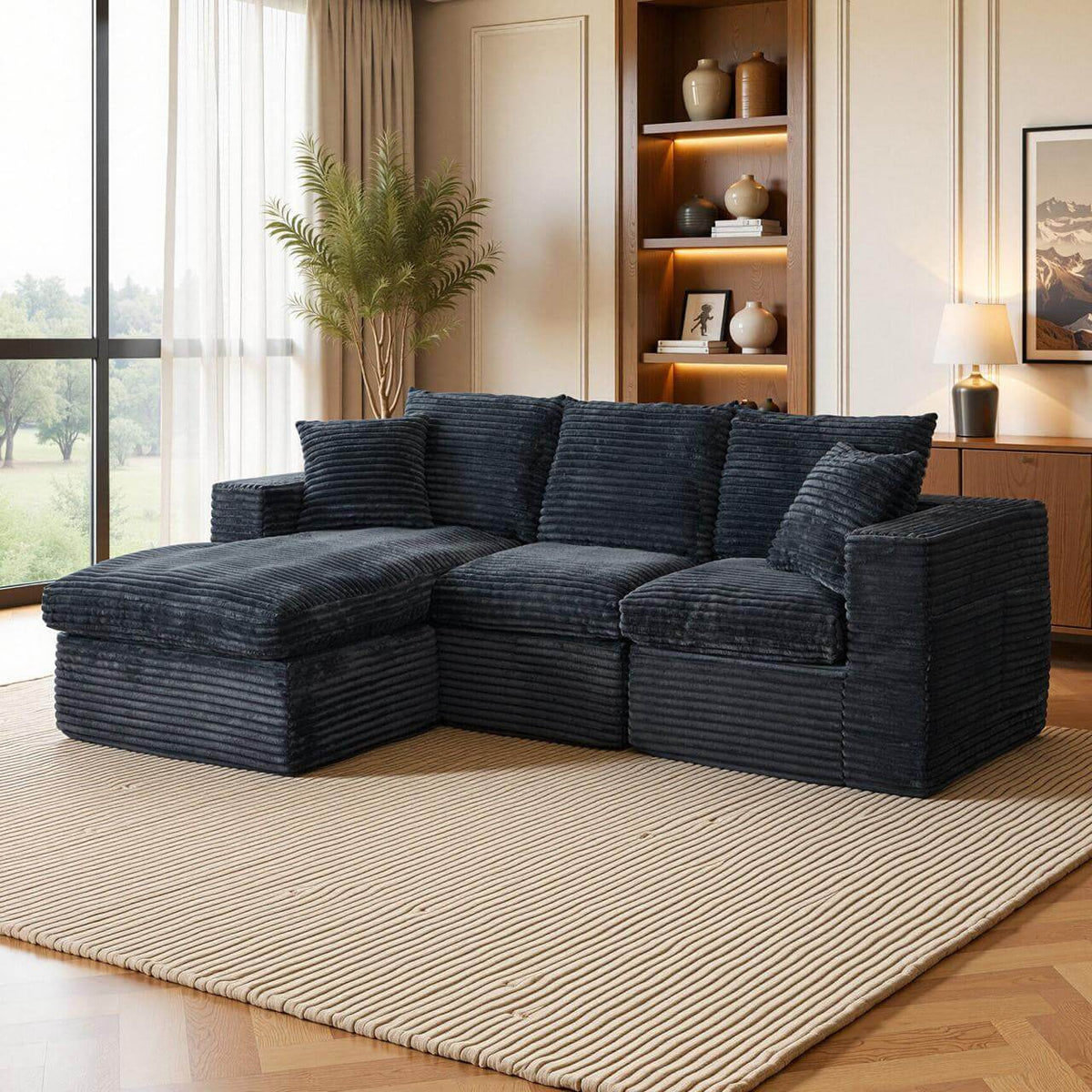 L-Shaped Cloud Sofa Modular Deep Seat Sectional Sofa in a modern living room setting with natural light.