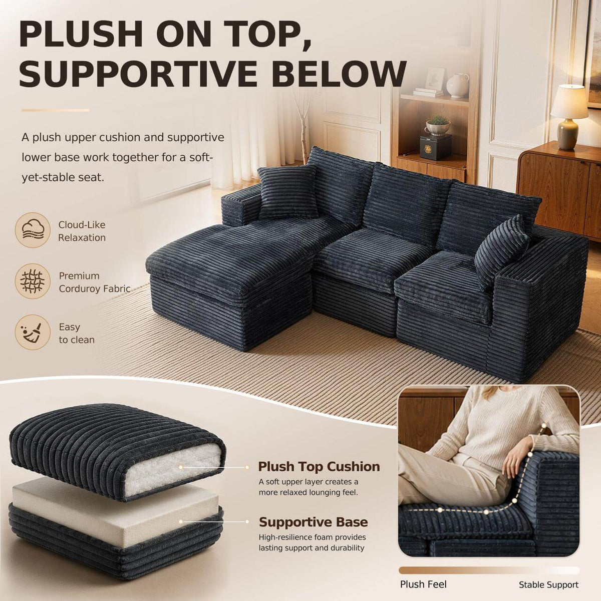 L-Shaped Cloud Sofa Modular Deep Seat Sectional Sofa features a built-in side pocket for easy storage and organization.