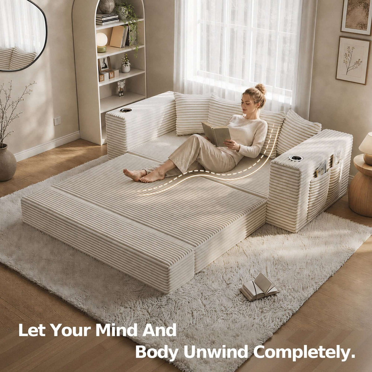 Convertible Sofa Bed-Modern Foldable Sofa For Small Spaces in cozy living room setting, featuring modular design and 50D high-density sponge. A woman relaxes on a large striped beige sectional sofa in a bright living room, reading a book. The sofa is shown folded into a bed-like chaise, with soft lighting, a rug, shelves, and framed wall art in the background.