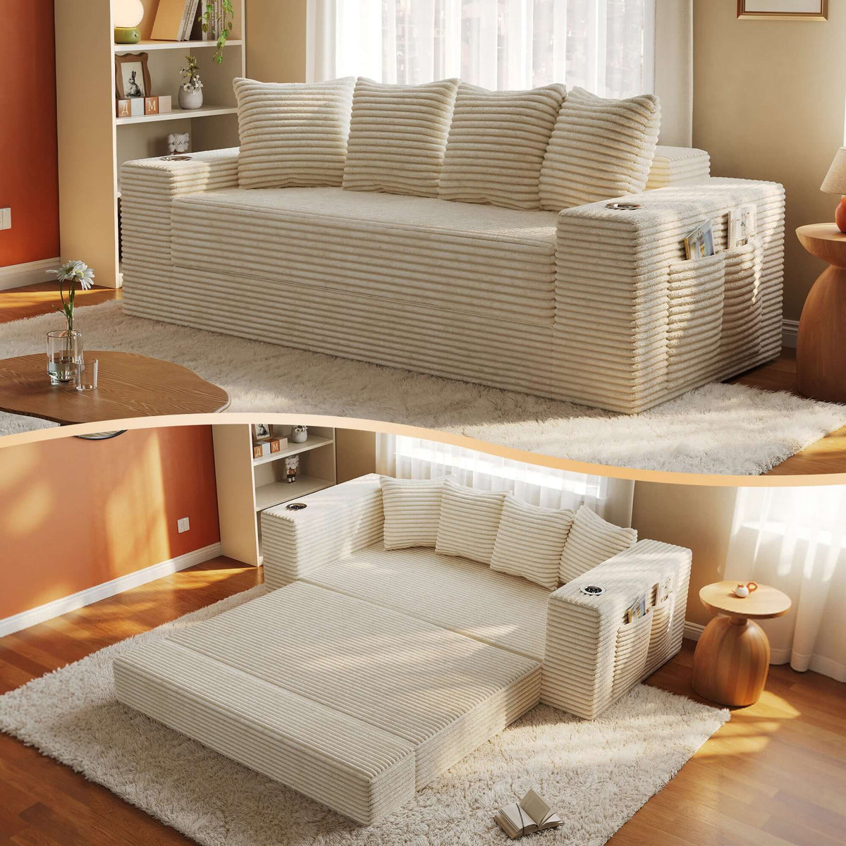 Convertible Sofa Bed-Modern Foldable Sofa For Small Spaces in cozy living room setting, featuring modular design and 50D high-density sponge.  A striped beige sofa cover shown in two views of the same sofa in a warm, modern living room. The top view shows the sofa fully extended with multiple back cushions and side pillows.