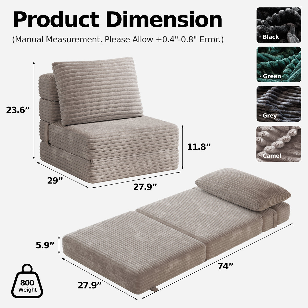 Plush Foldable Sofa Bed | Single-Seat Corduroy Convertible Chair