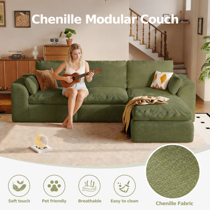 An olive green Chenille modular couch in a living room setting, with a woman sitting on the couch playing a ukulele. The image includes text overlays reading &