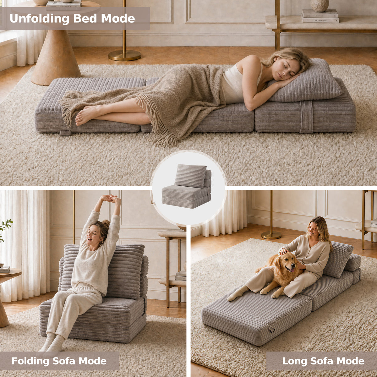 Plush Foldable Sofa Bed | Single-Seat Corduroy Convertible Chair
