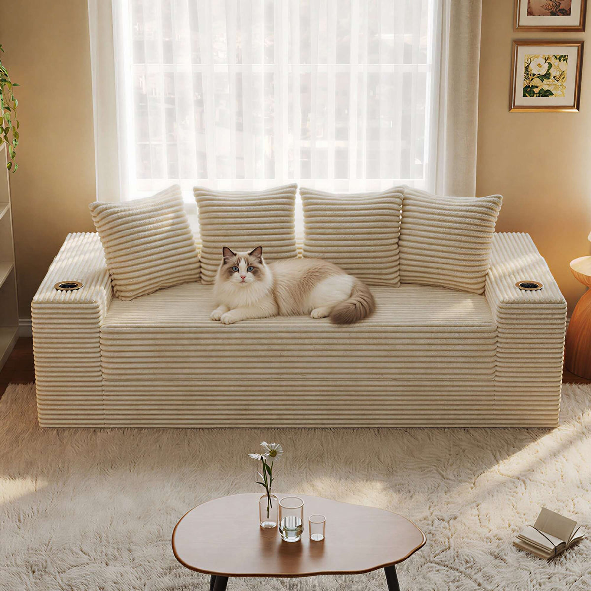 Convertible Sofa Bed-Modern Foldable Sofa For Small Spaces in cozy living room setting, featuring modular design and 50D high-density sponge. A beige ribbed sofa cover with matching striped throw pillows, shown on a sofa in a warm, sunlit living room. A fluffy cream and brown cat is lying on the sofa.