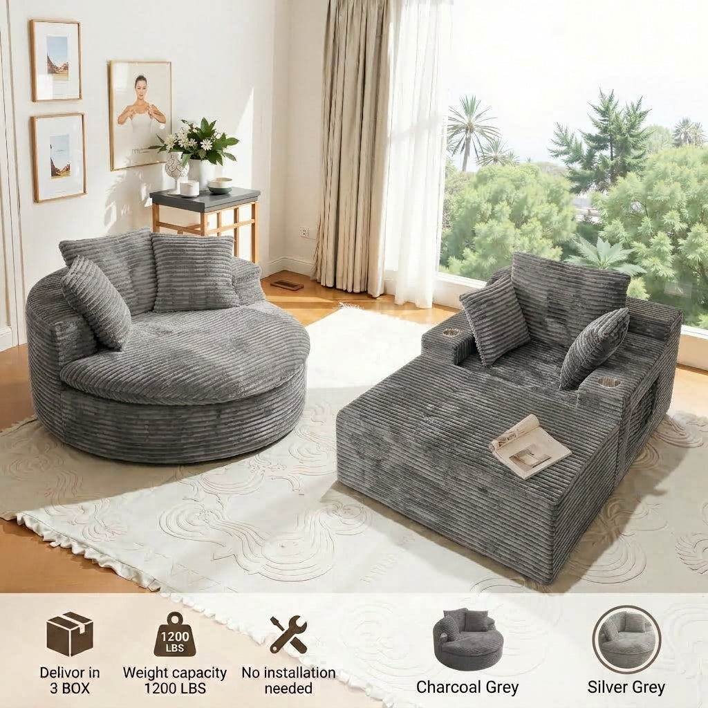 Oversized Corduroy Chaise Lounge Sofa