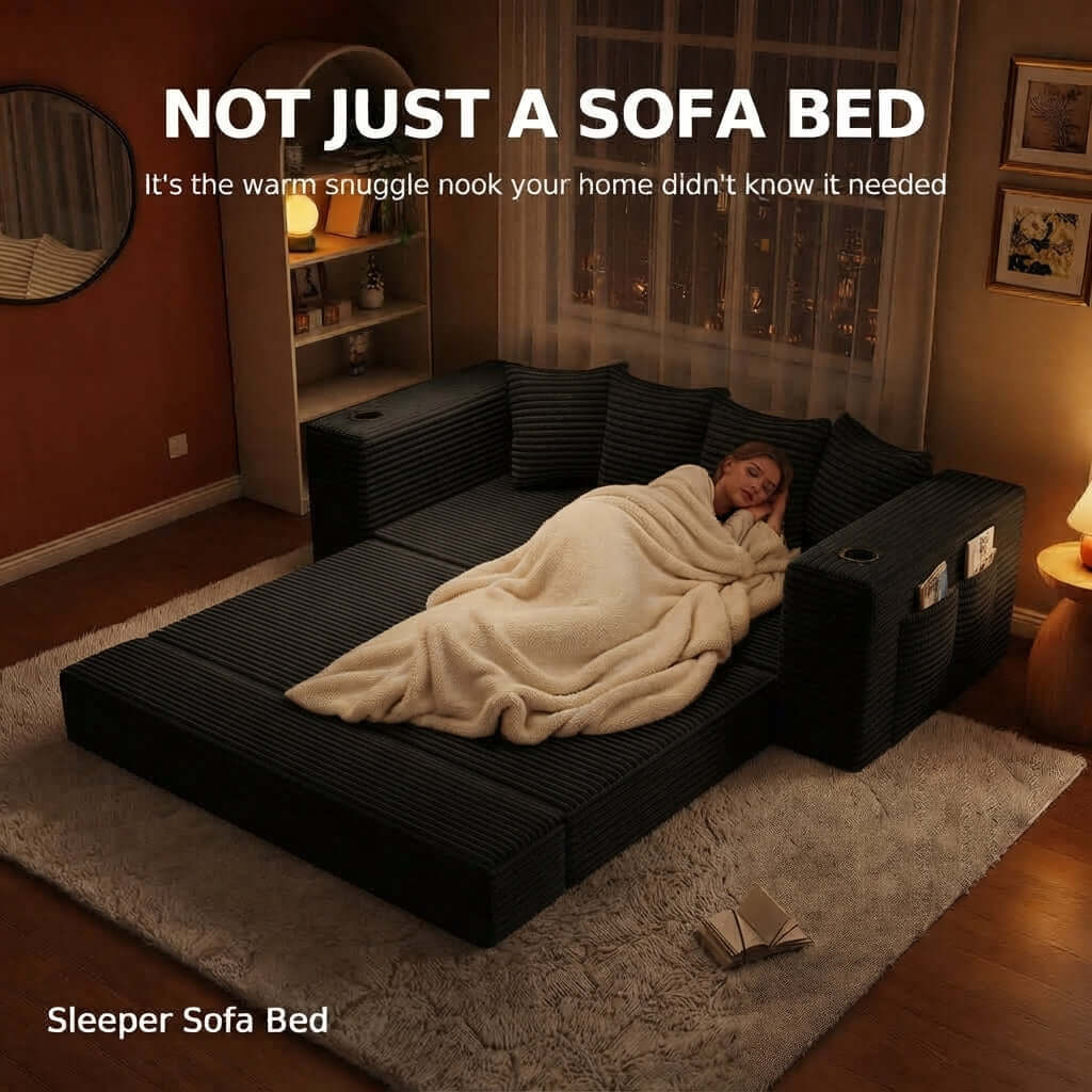 Convertible Sofa Bed-Modern Foldable Sofa For Small Spaces in cozy living room setting, featuring modular design and 50D high-density sponge. A black convertible sleeper sofa bed in a cozy living room, shown with a woman sleeping underneath a cream-colored blanket. The image includes text overlays reading &