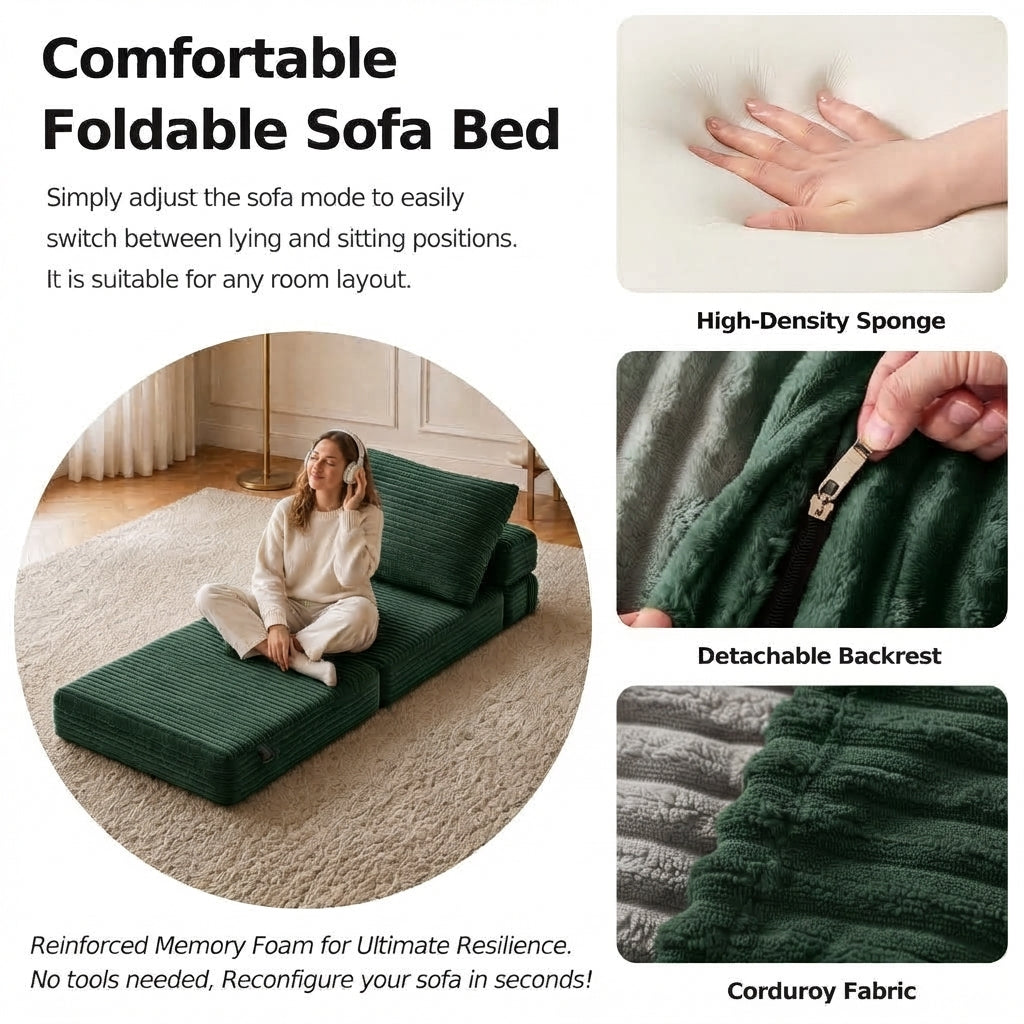 Plush Foldable Sofa Bed | Single-Seat Corduroy Convertible Chair