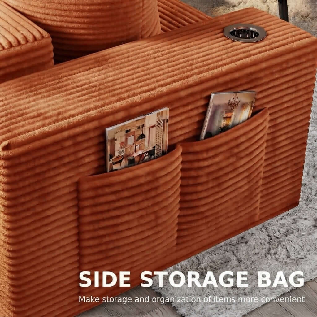 Convertible Sofa Bed-Modern Foldable Sofa For Small Spaces in cozy living room setting, featuring modular design and 50D high-density sponge. An orange corduroy side storage bag attached to the side of an armchair, shown with two fabric pockets holding magazines. White text at the bottom reads &