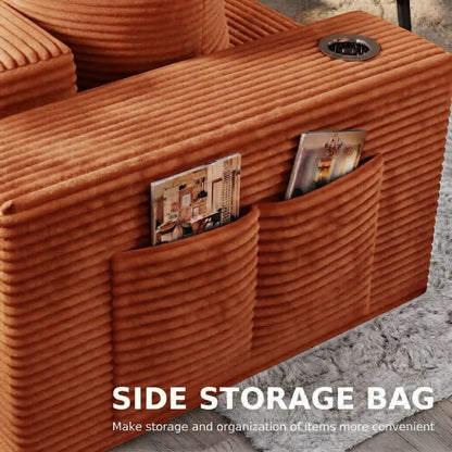 Convertible Sofa Bed-Modern Foldable Sofa For Small Spaces in cozy living room setting, featuring modular design and 50D high-density sponge. An orange corduroy side storage bag attached to the side of an armchair, shown with two fabric pockets holding magazines. White text at the bottom reads &