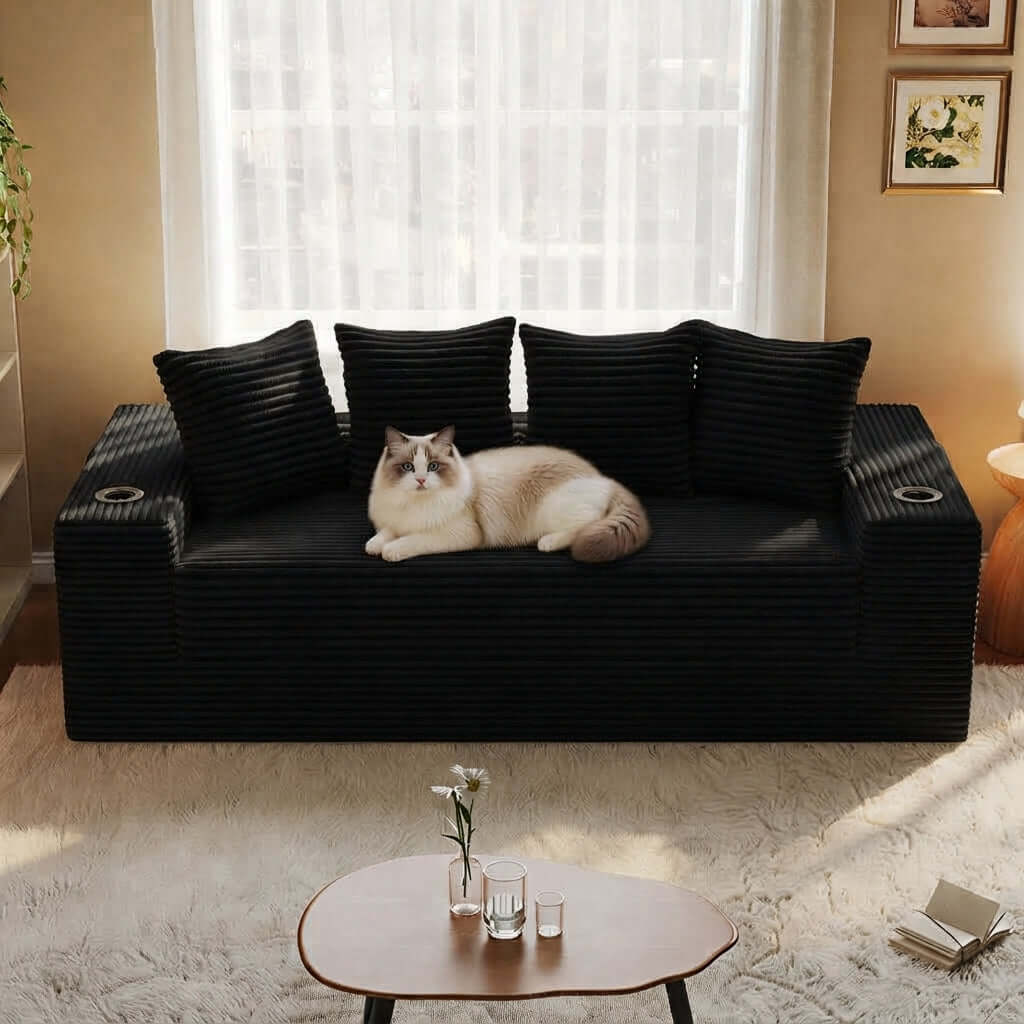 Convertible Sofa Bed-Modern Foldable Sofa For Small Spaces in cozy living room setting, featuring modular design and 50D high-density sponge. A black ribbed outdoor sofa with four matching pillows, featuring a fluffy cream and brown cat lying in the center. The sofa is placed in a warm, modern patio setting with a white textured rug, a small wooden coffee table, and a large window in the background.