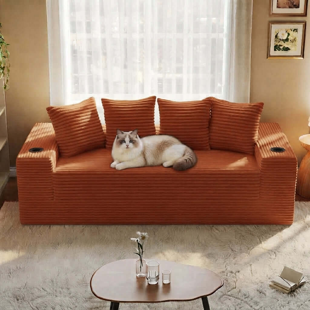 Convertible Sofa Bed-Modern Foldable Sofa For Small Spaces with a cat lounging on it in a bright living room.