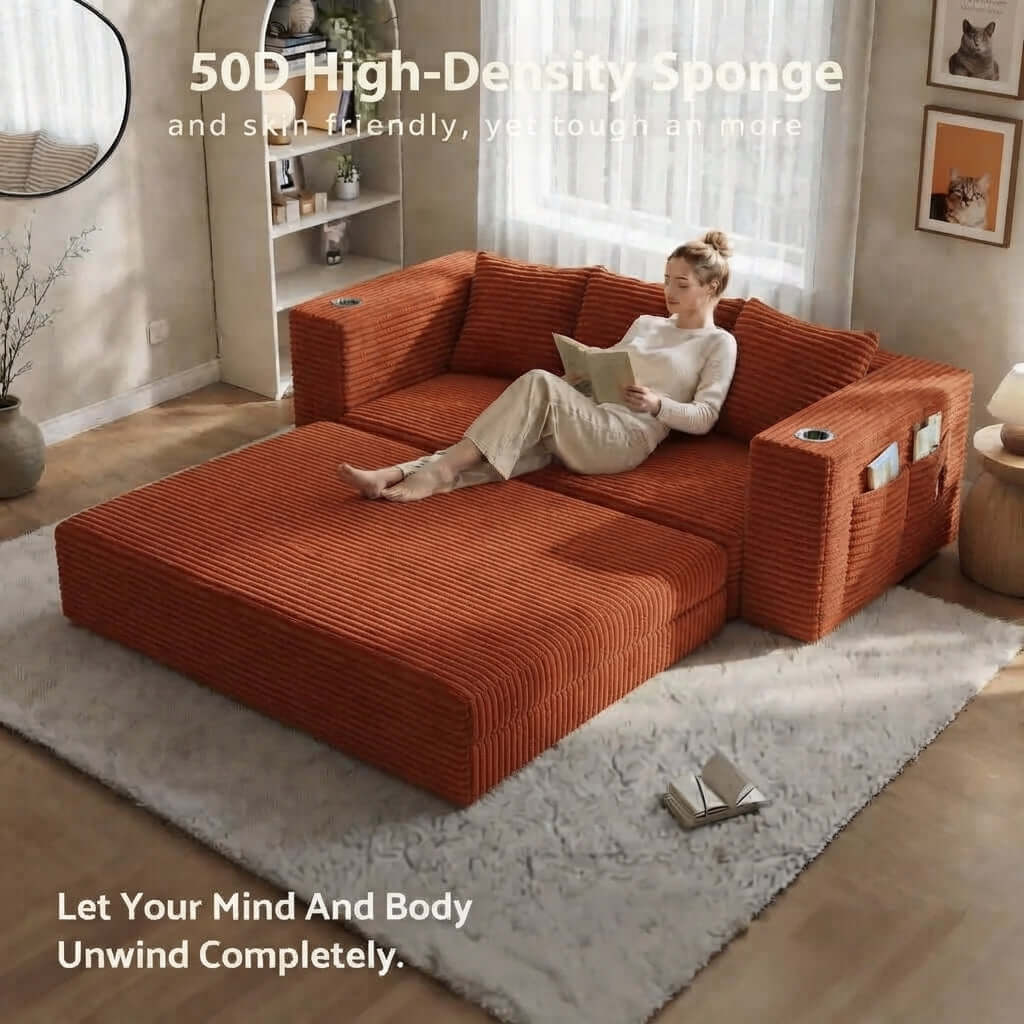 Convertible Sofa Bed-Modern Foldable Sofa For Small Spaces in cozy living room setting, featuring modular design and 50D high-density sponge.