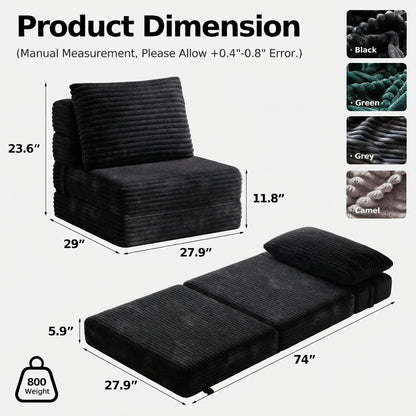 Plush Foldable Sofa Bed | Single-Seat Corduroy Convertible Chair