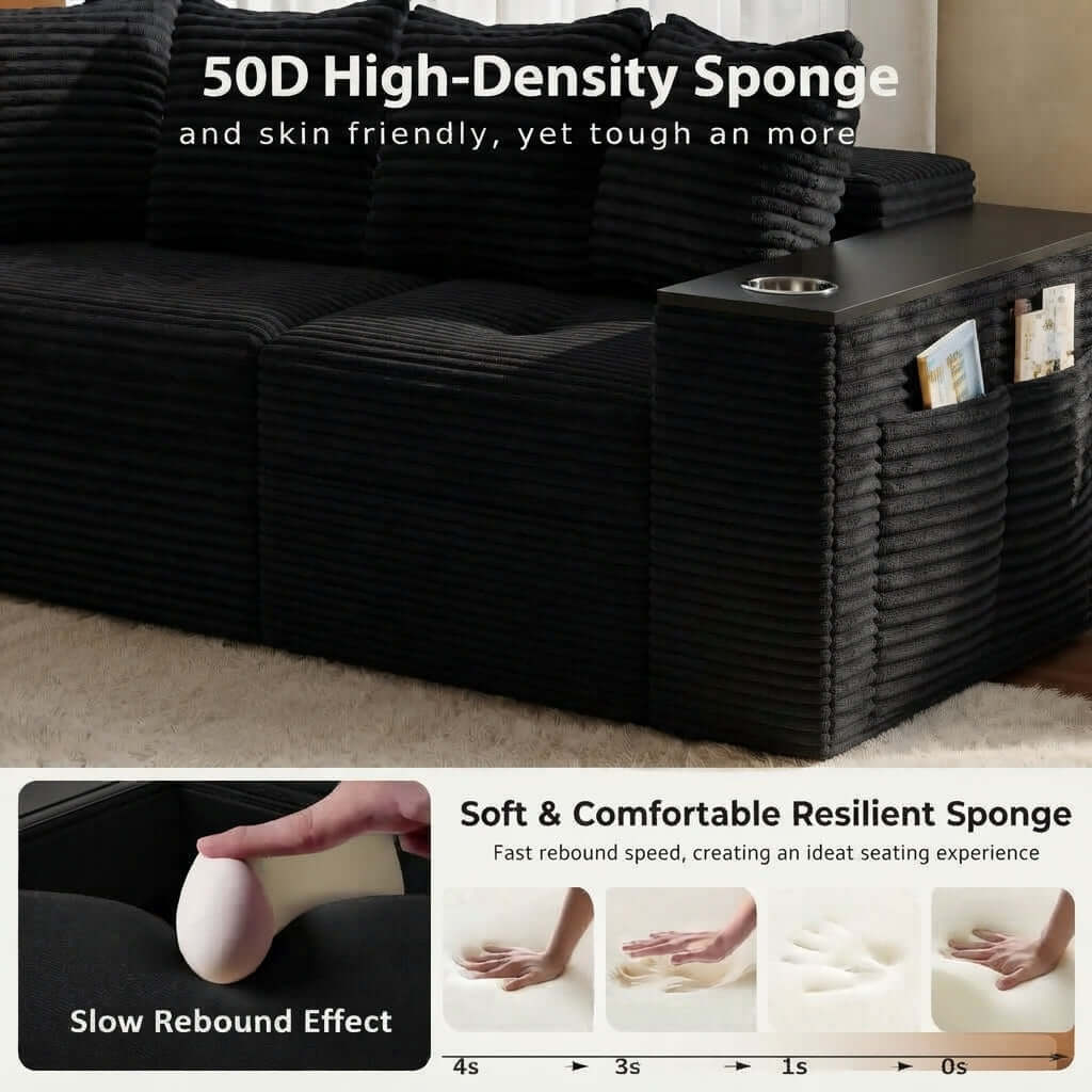 Convertible Sofa Bed-Modern Foldable Sofa For Small Spaces in cozy living room setting, featuring modular design and 50D high-density sponge. Black corduroy sectional sofa with a side table and storage pocket, shown in a living room setting with promotional text about the high-density resilient sponge cushion.
