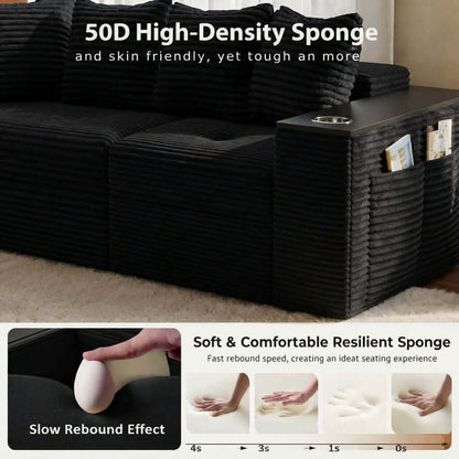 Convertible Sofa Bed-Modern Foldable Sofa For Small Spaces in cozy living room setting, featuring modular design and 50D high-density sponge. Black corduroy sectional sofa with a side table and storage pocket, shown in a living room setting with promotional text about the high-density resilient sponge cushion.
