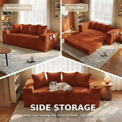 Convertible Sofa Bed-Modern Foldable Sofa For Small Spaces in cozy living room setting, featuring modular design and 50D high-density sponge. A three-panel collage showing an orange corduroy sofa bed/sofa in a living room, labeled &