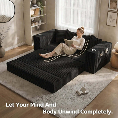 Convertible Sofa Bed-Modern Foldable Sofa For Small Spaces in cozy living room setting, featuring modular design and 50D high-density sponge. A woman relaxes on a black ribbed sectional sofa in a bright living room. The sofa is shown folded into a bed-like lounge surface, with a white shag rug underneath and text at the bottom reading, &