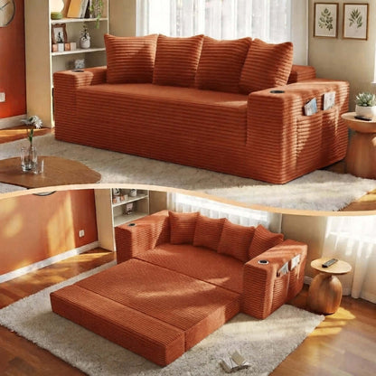 Convertible Sofa Bed-Modern Foldable Sofa For Small Spaces in cozy living room setting, featuring modular design and 50D high-density sponge. An orange corduroy sofa shown in a split before-and-after layout, demonstrating its convertible design. The top half shows the sofa as a standard three-seater couch, while the bottom half shows the same sofa folded into a two-seater chaise lounge.