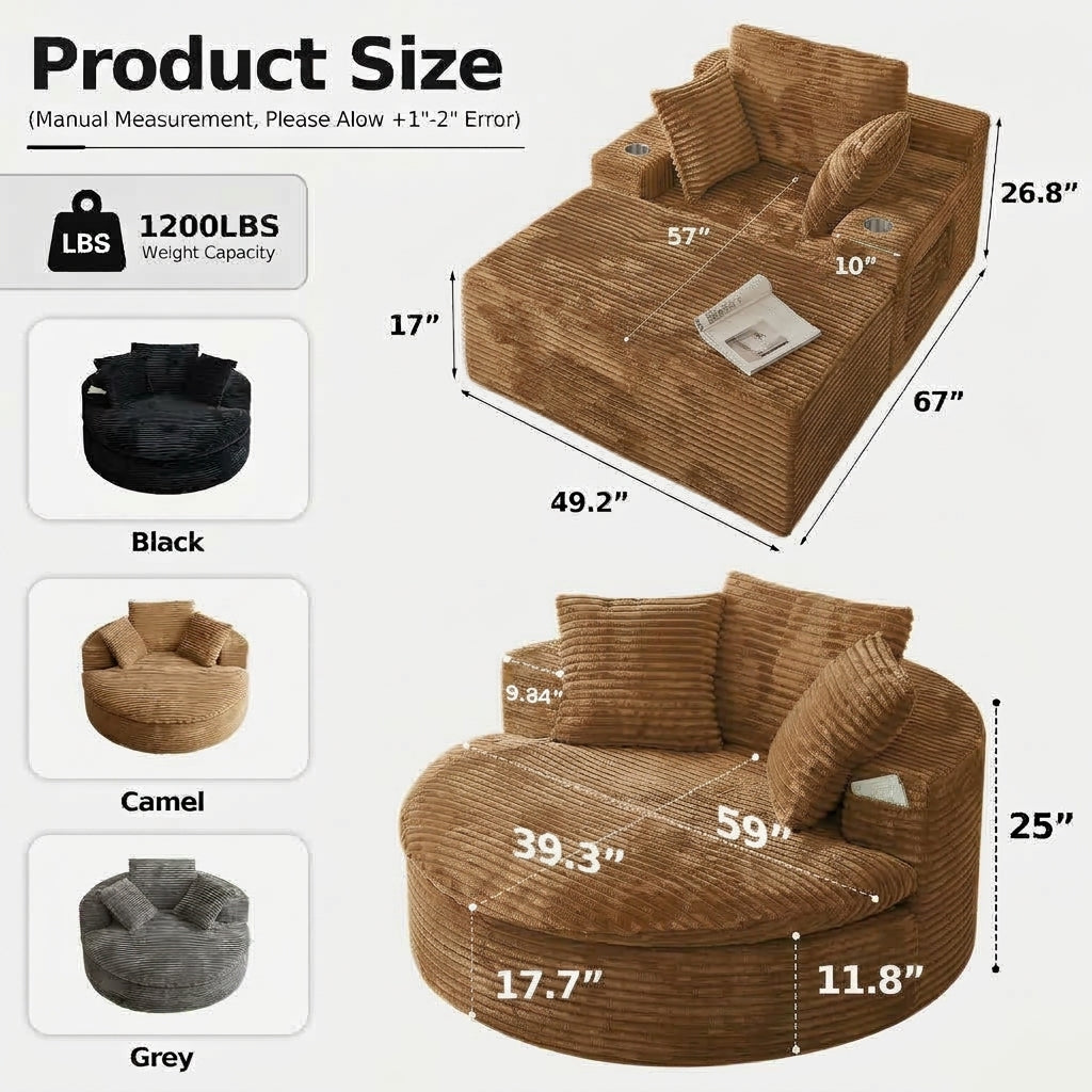Oversized Corduroy Chaise Lounge Sofa