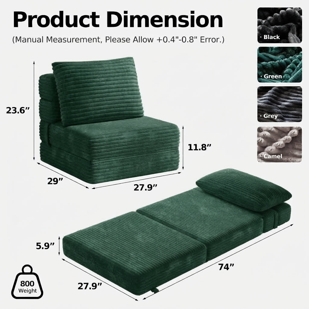 Plush Foldable Sofa Bed | Single-Seat Corduroy Convertible Chair