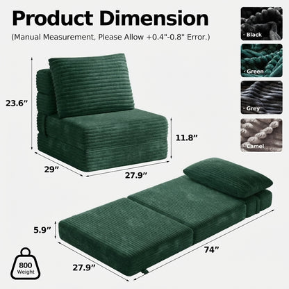 Plush Foldable Sofa Bed | Single-Seat Corduroy Convertible Chair