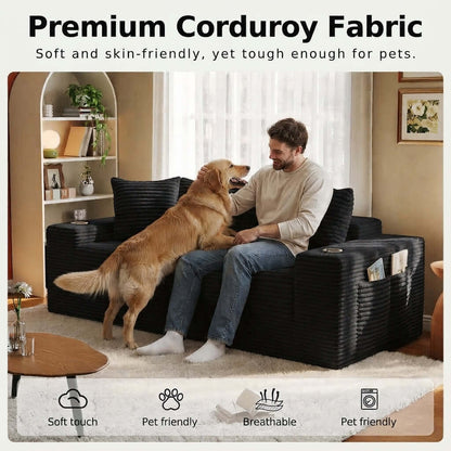 Convertible Sofa Bed-Modern Foldable Sofa For Small Spaces in cozy living room setting, featuring modular design and 50D high-density sponge. A man sits on a black corduroy pet sofa with a golden retriever dog leaning against the arm, in a living room setting. The image includes text at the top reading &