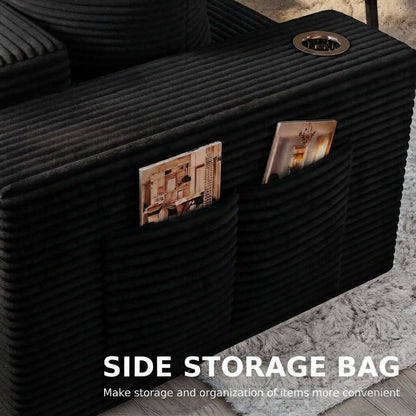 Convertible Sofa Bed-Modern Foldable Sofa For Small Spaces in cozy living room setting, featuring modular design and 50D high-density sponge. Black ribbed corduroy side storage bag attached to a sofa, shown with two front pockets holding magazines and a round cup holder on the top corner. White text at the bottom reads &