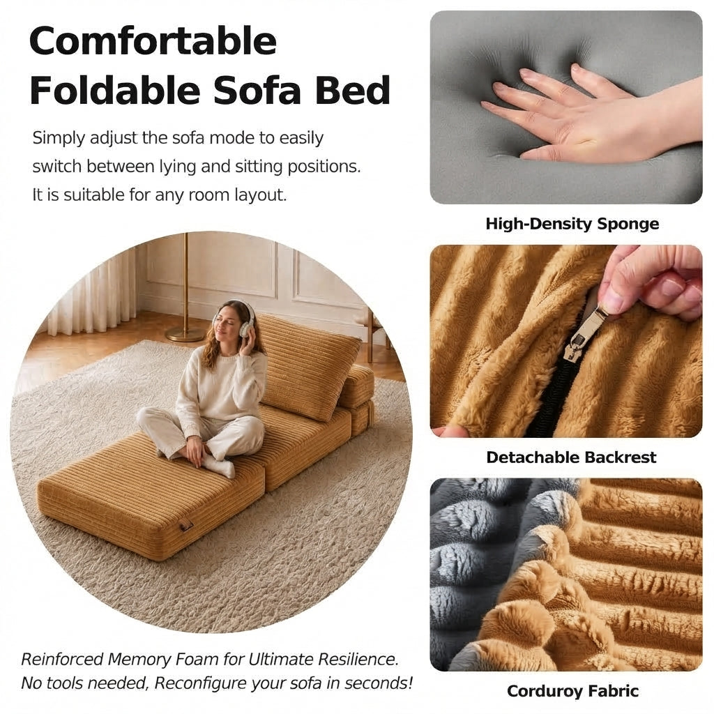 Plush Foldable Sofa Bed | Single-Seat Corduroy Convertible Chair