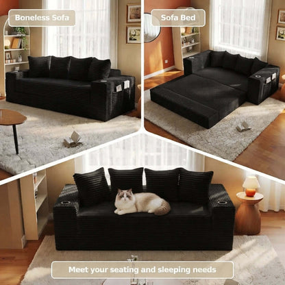 Convertible Sofa Bed-Modern Foldable Sofa For Small Spaces in cozy living room setting, featuring modular design and 50D high-density sponge. A three-panel collage showing a black convertible sofa in a living room. The top-left panel shows the sofa in its compact &
