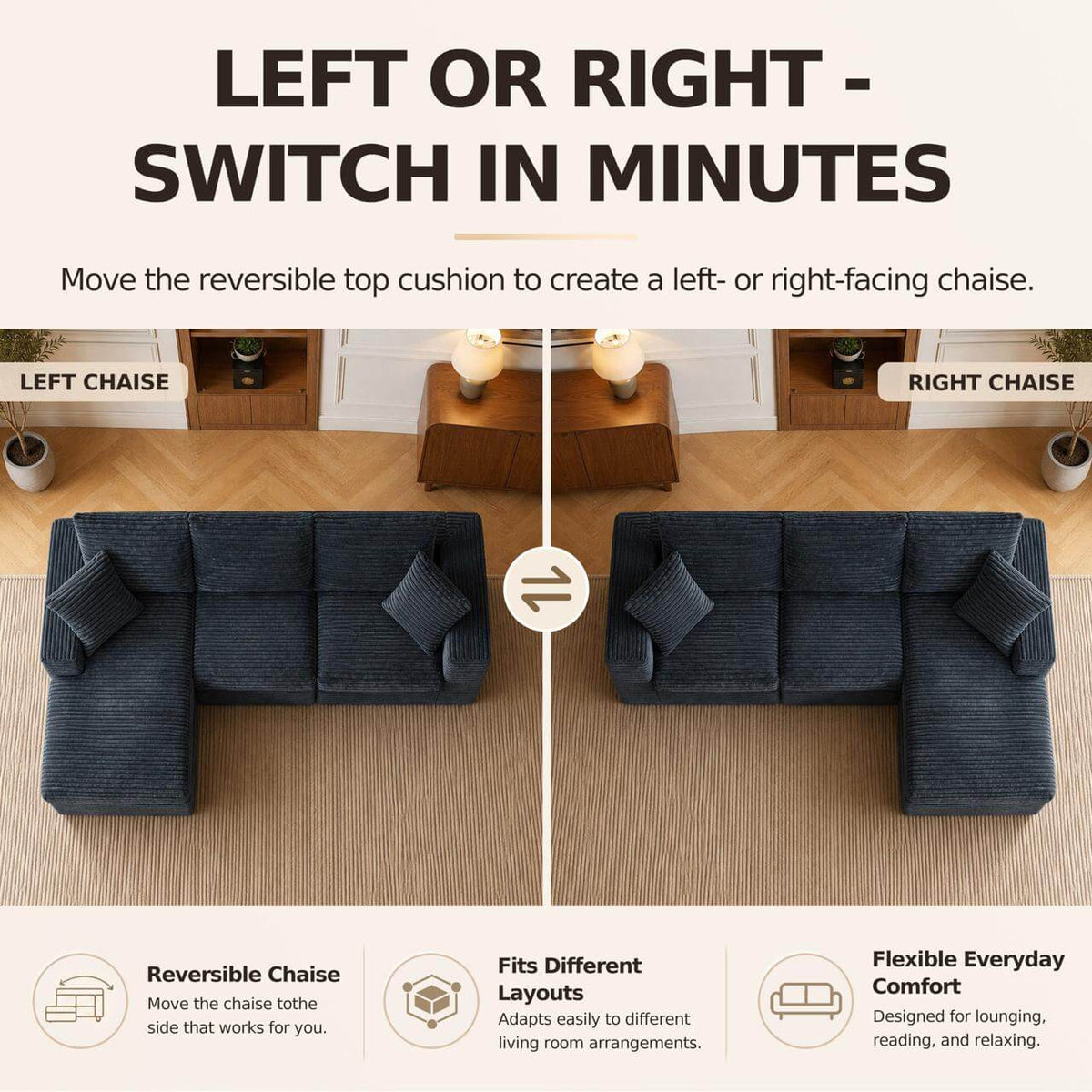 Left or right switchable L-Shaped Cloud Sofa Modular Deep Seat Sectional Sofa for flexible layouts.