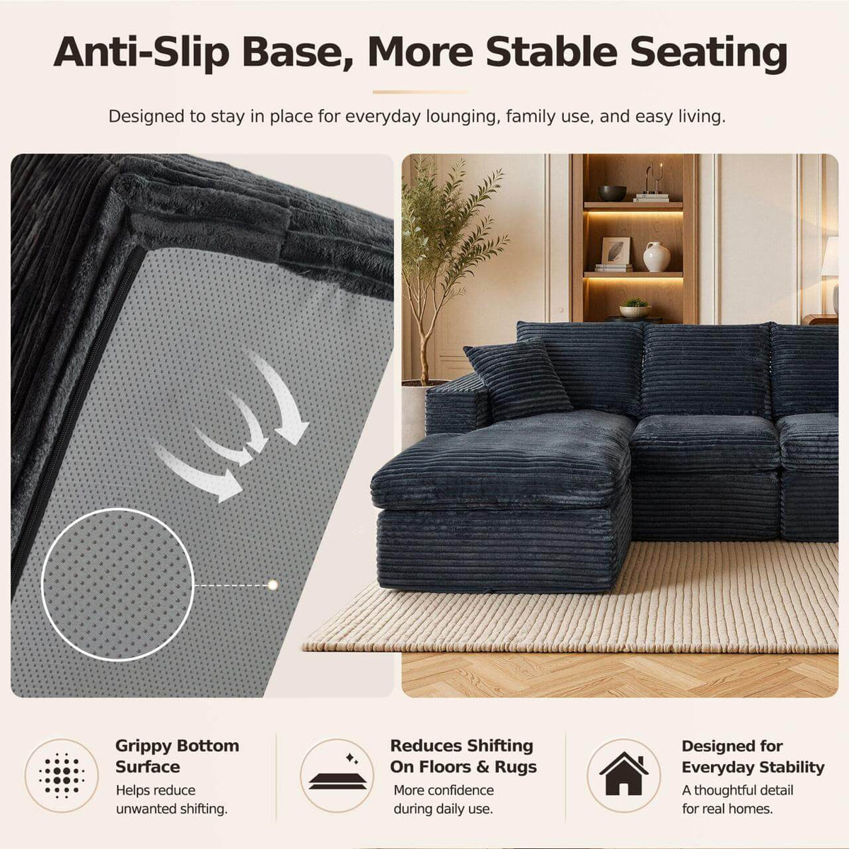 L-Shaped Cloud Sofa Modular Deep Seat Sectional Sofa features a built-in side pocket for easy storage and organization.