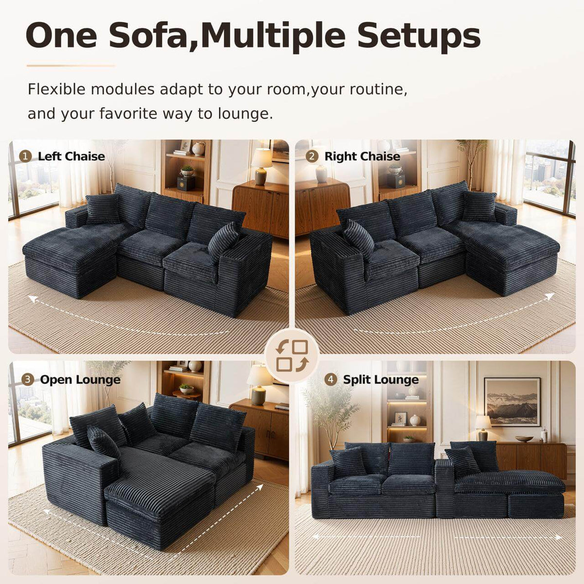 L-Shaped Cloud Sofa Modular Deep Seat Sectional Sofa features a built-in side pocket for easy storage and organization.